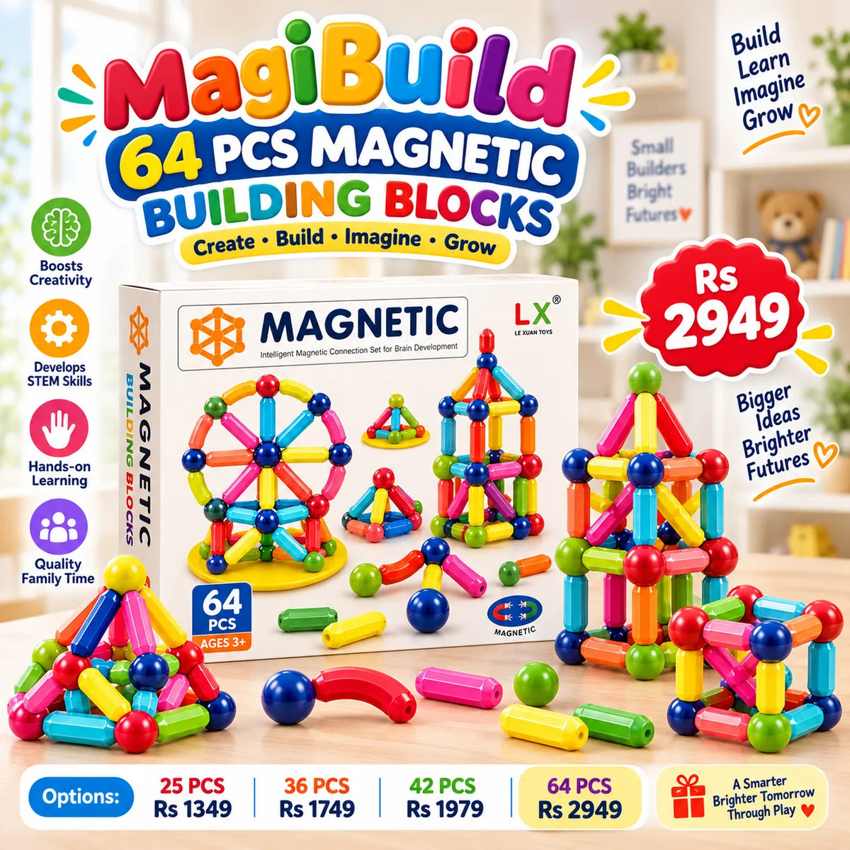MagiBuild Magnetic Building Blocks – STEM Construction Tiles for Kids | Toynic Kids Zone