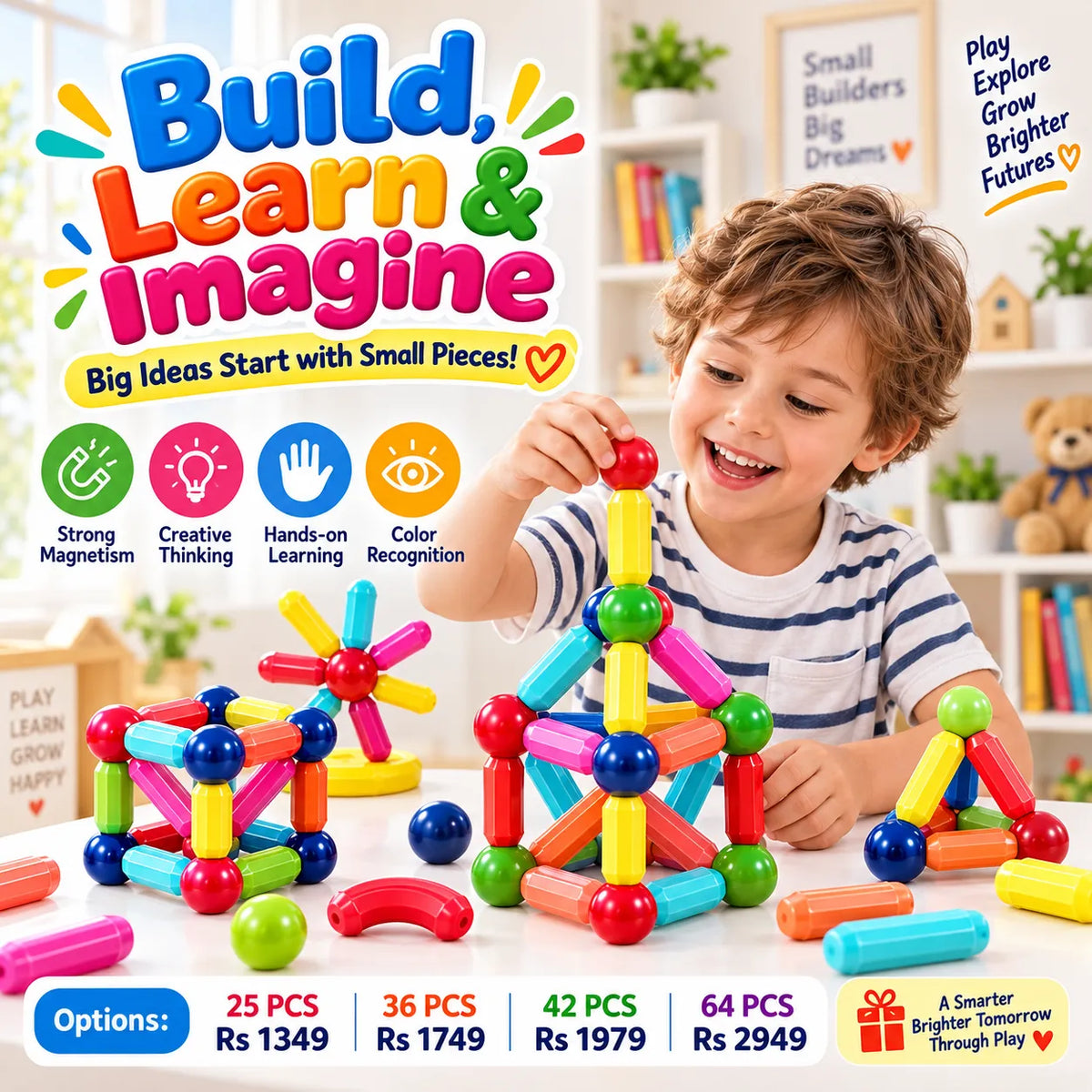MagiBuild Magnetic Building Blocks – STEM Construction Tiles for Kids | Toynic Kids Zone