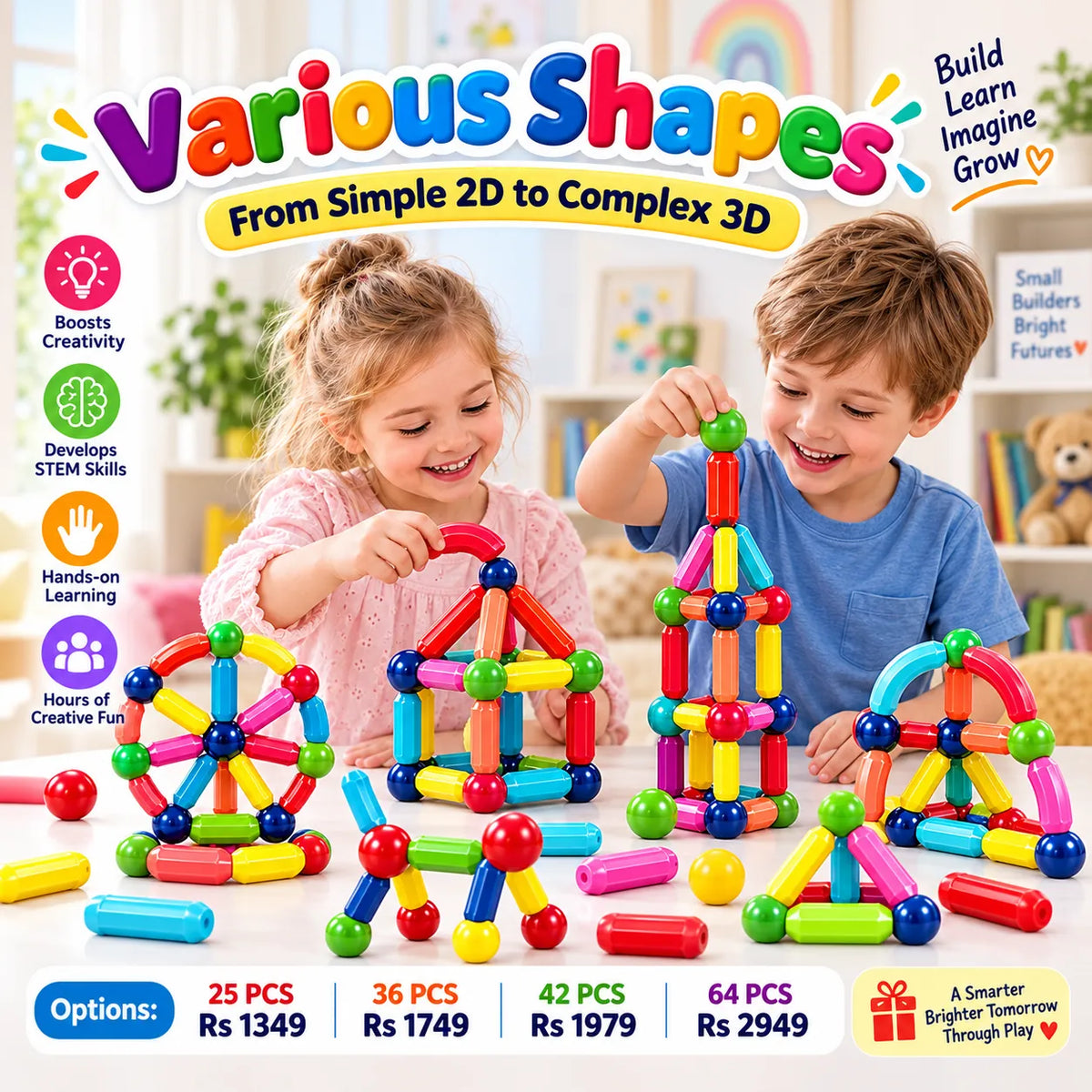 MagiBuild Magnetic Building Blocks – STEM Construction Tiles for Kids | Toynic Kids Zone