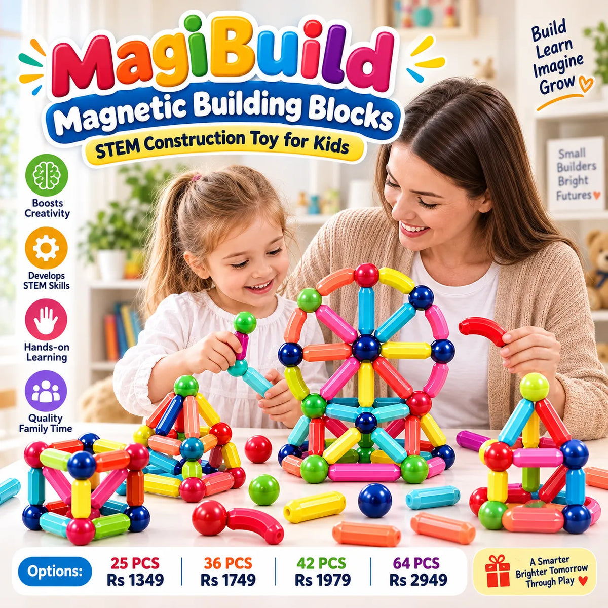 MagiBuild Magnetic Building Blocks – STEM Construction Tiles for Kids | Toynic Kids Zone