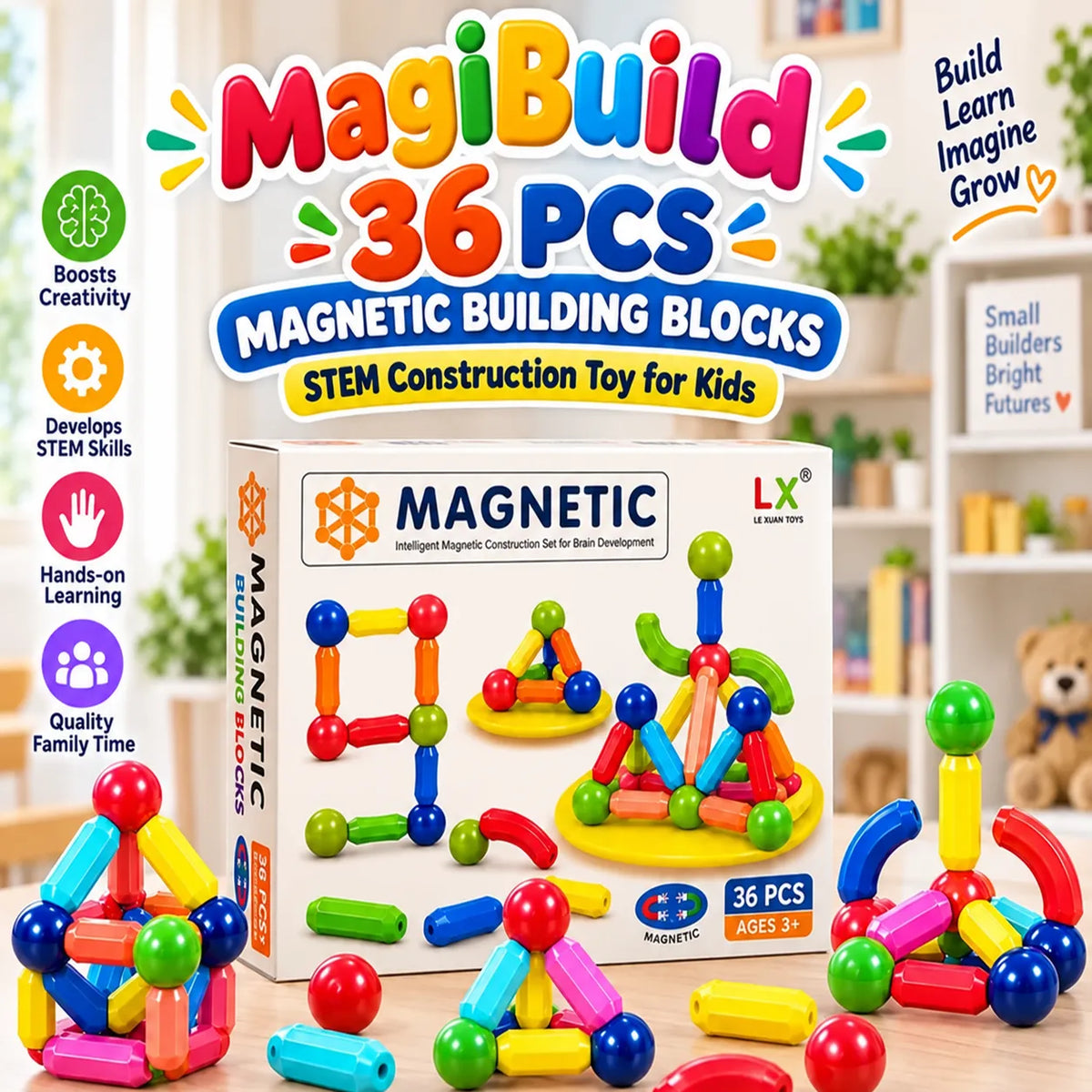 MagiBuild Magnetic Building Blocks – STEM Construction Tiles for Kids | Toynic Kids Zone