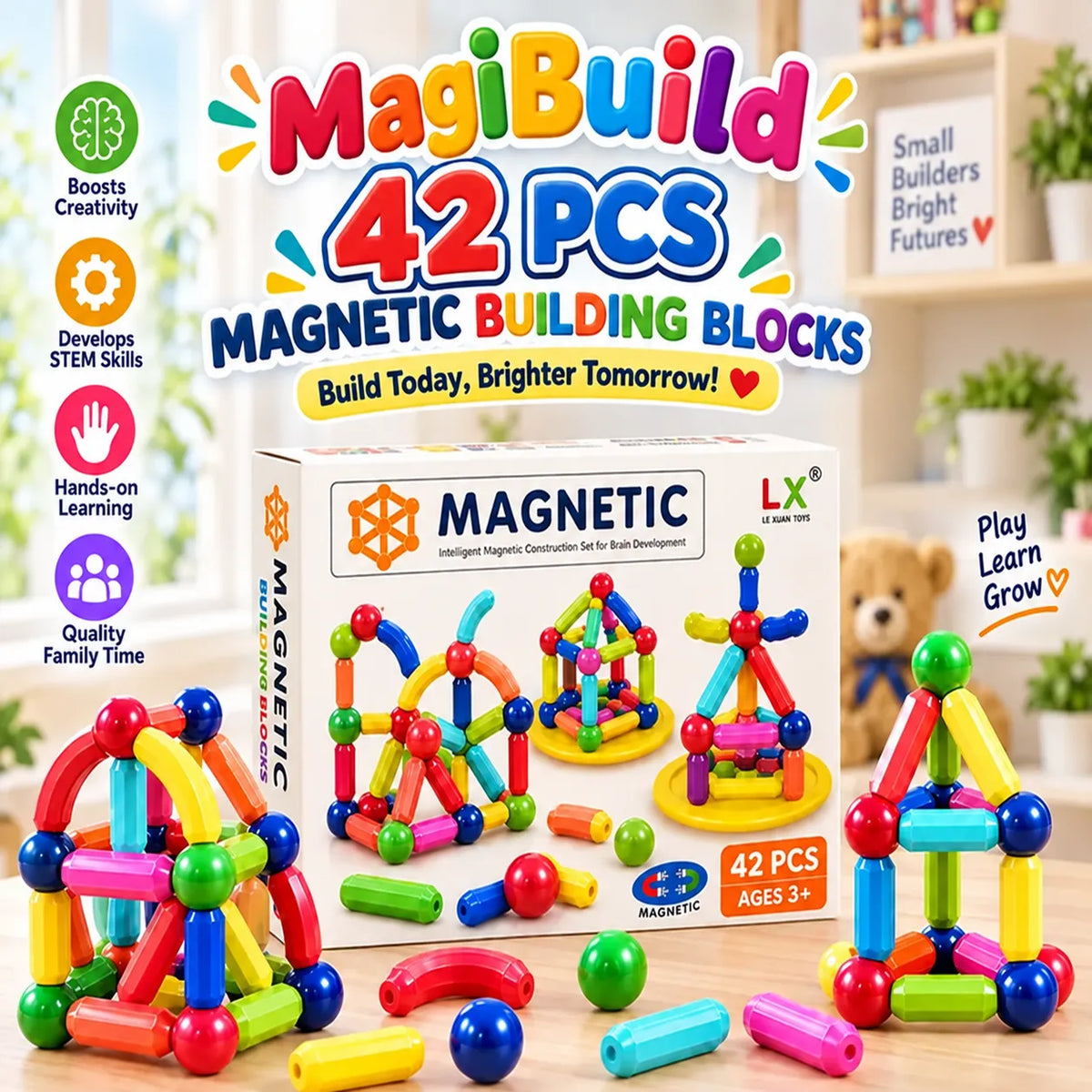MagiBuild Magnetic Building Blocks – STEM Construction Tiles for Kids | Toynic Kids Zone