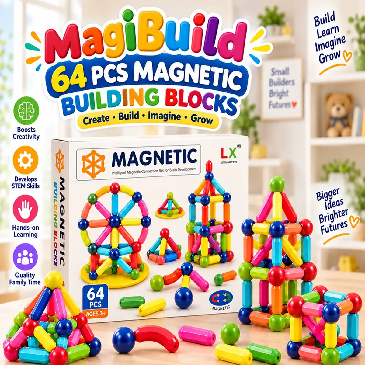MagiBuild Magnetic Building Blocks – STEM Construction Tiles for Kids | Toynic Kids Zone