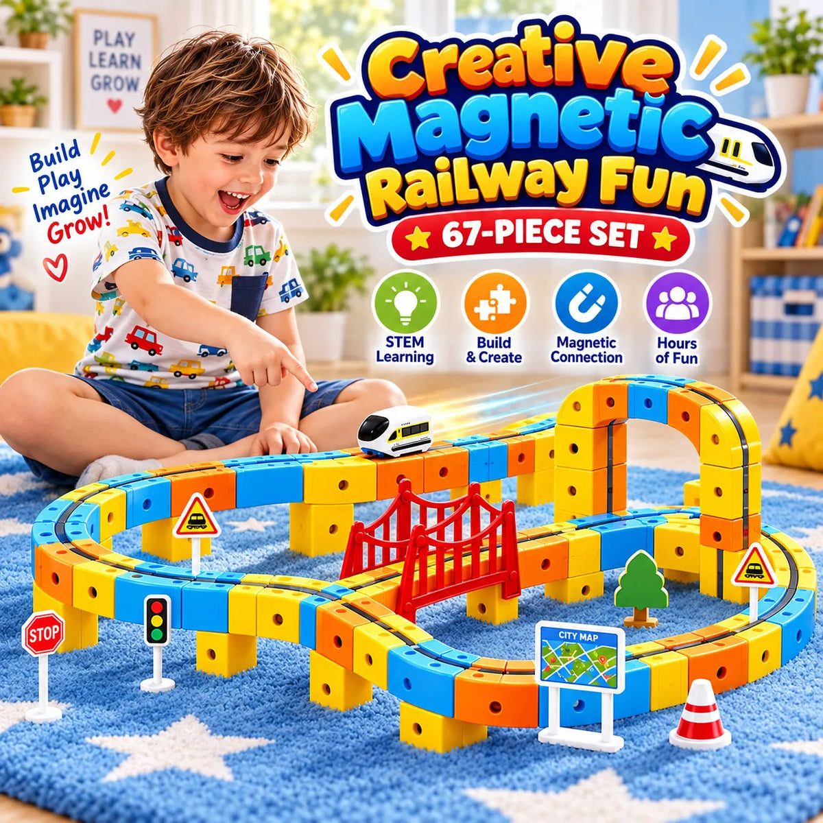 MagnetRail 67-Piece Magnetic Train Set – Remote Control Railway Toy with Lights