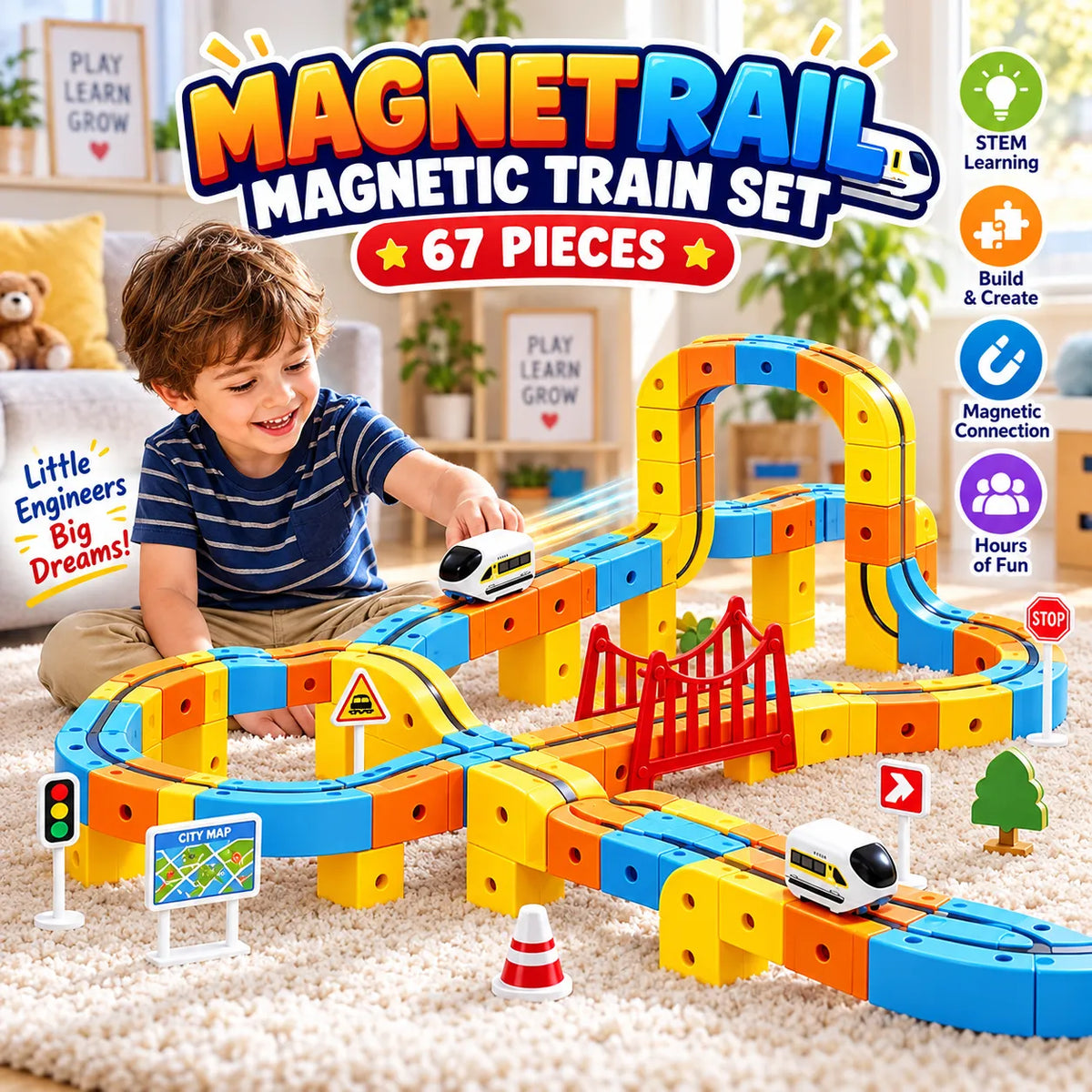 MagnetRail 67-Piece Magnetic Train Set – Remote Control Railway Toy with Lights