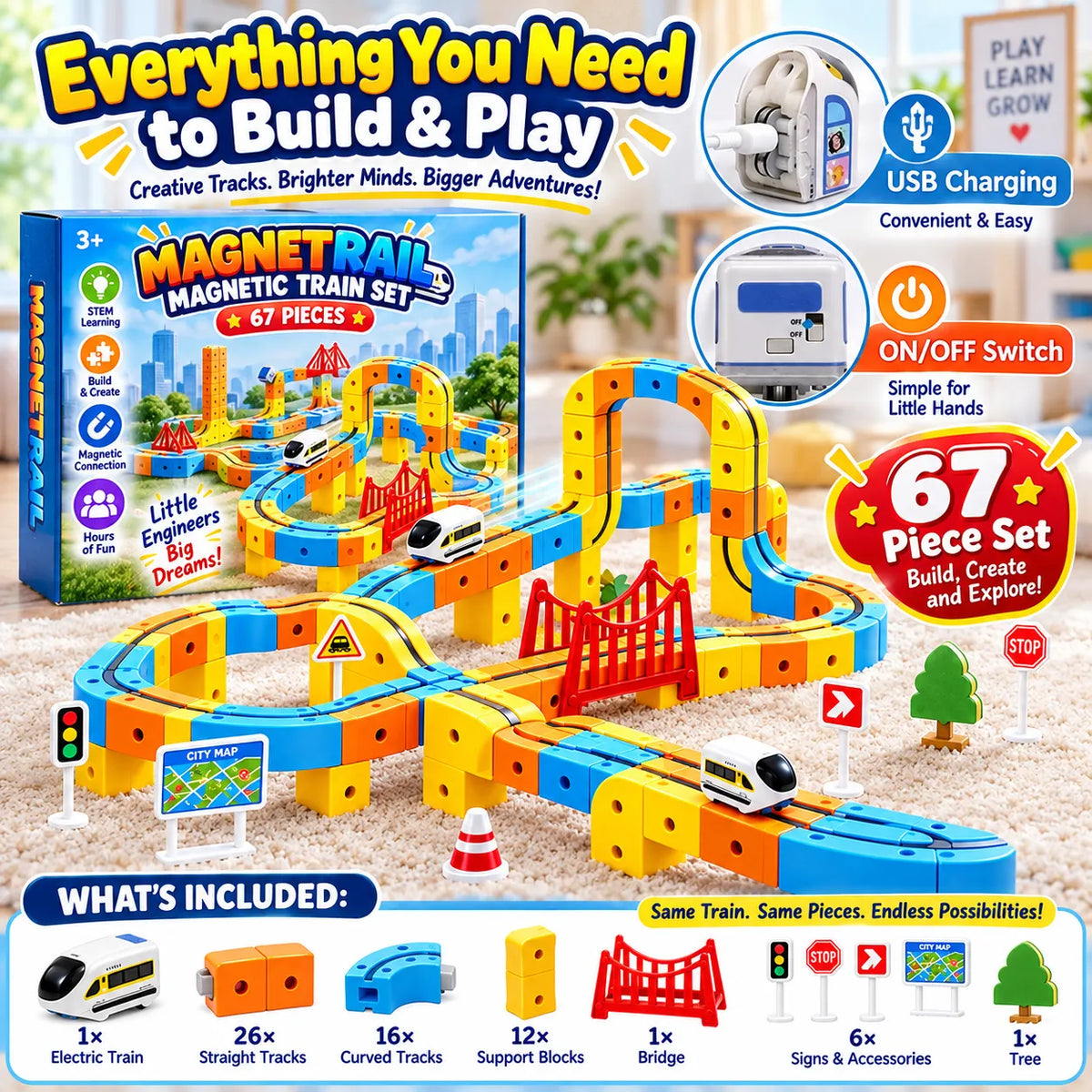 MagnetRail 67-Piece Magnetic Train Set – Remote Control Railway Toy with Lights