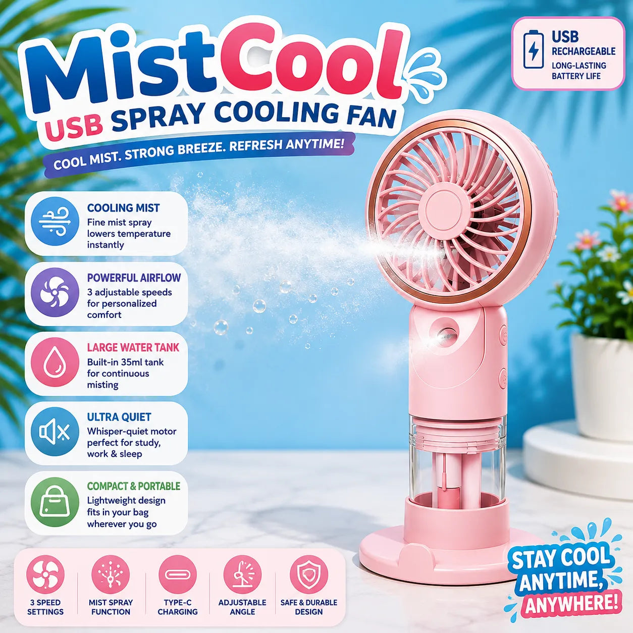 MistCool USB Spray Cooling Fan – USB Rechargeable Mist Cooling Fan
