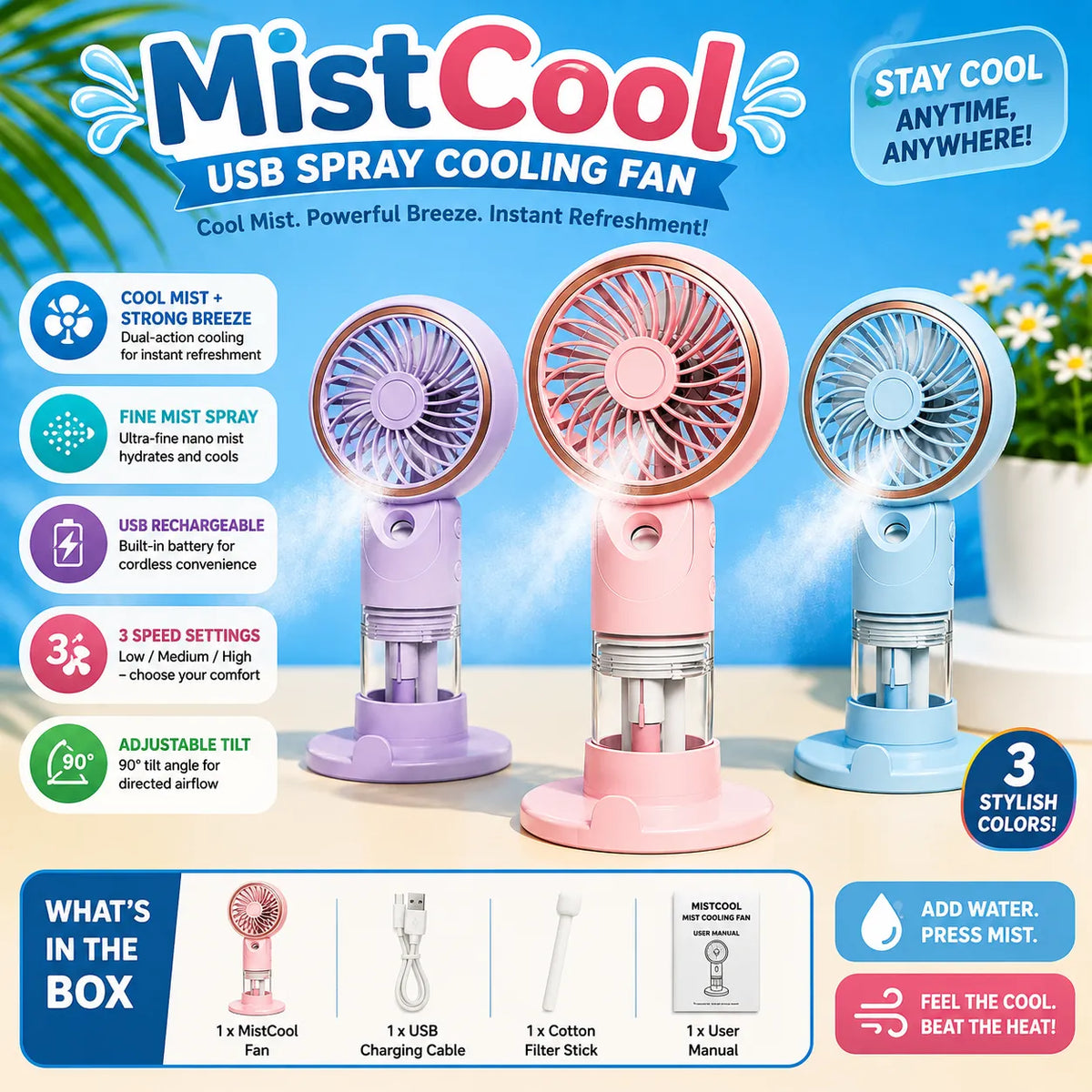 MistCool USB Spray Cooling Fan – USB Rechargeable Mist Cooling Fan