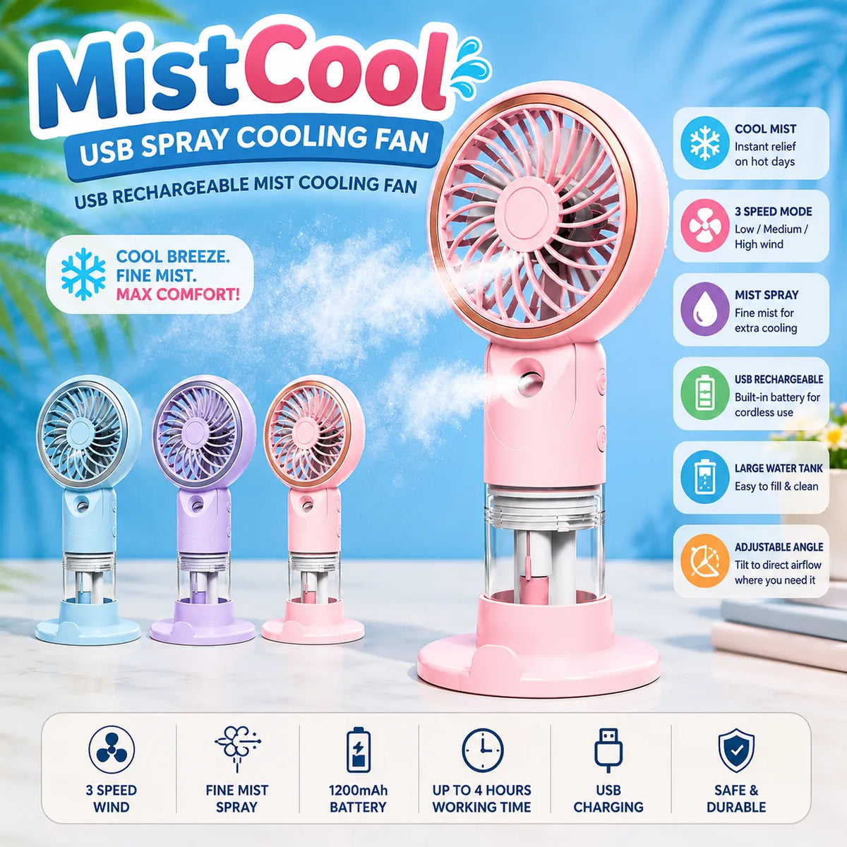 MistCool USB Spray Cooling Fan – USB Rechargeable Mist Cooling Fan