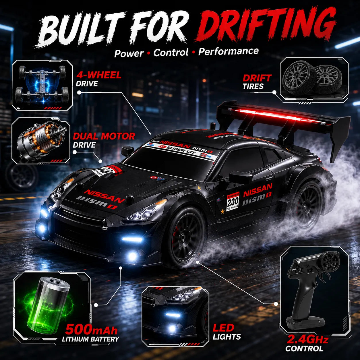 RC Nissan GT-R Drift Car for Kids – 2.4GHz High Speed Racing Toy with Remote Control