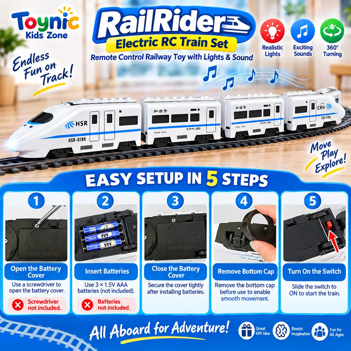 RailRider Electric RC Train Set – Remote Control Railway Toy with Lights & Sound