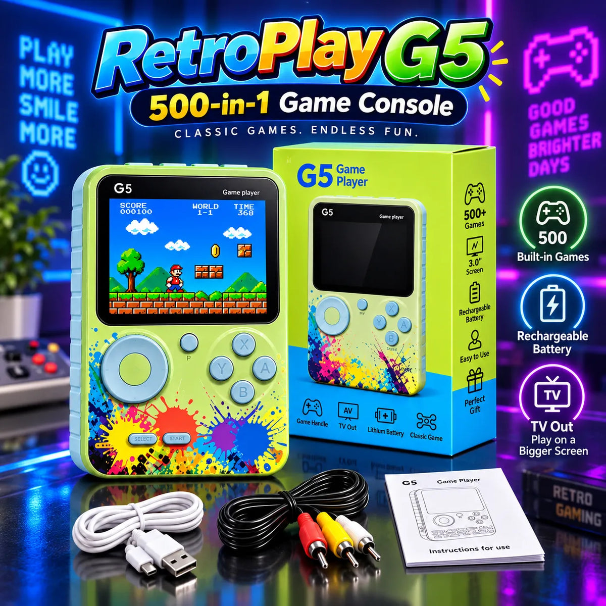RetroPlay G5 500-in-1 Game Console – Rechargeable Retro Handheld Gaming System | Toynic Kids Zone