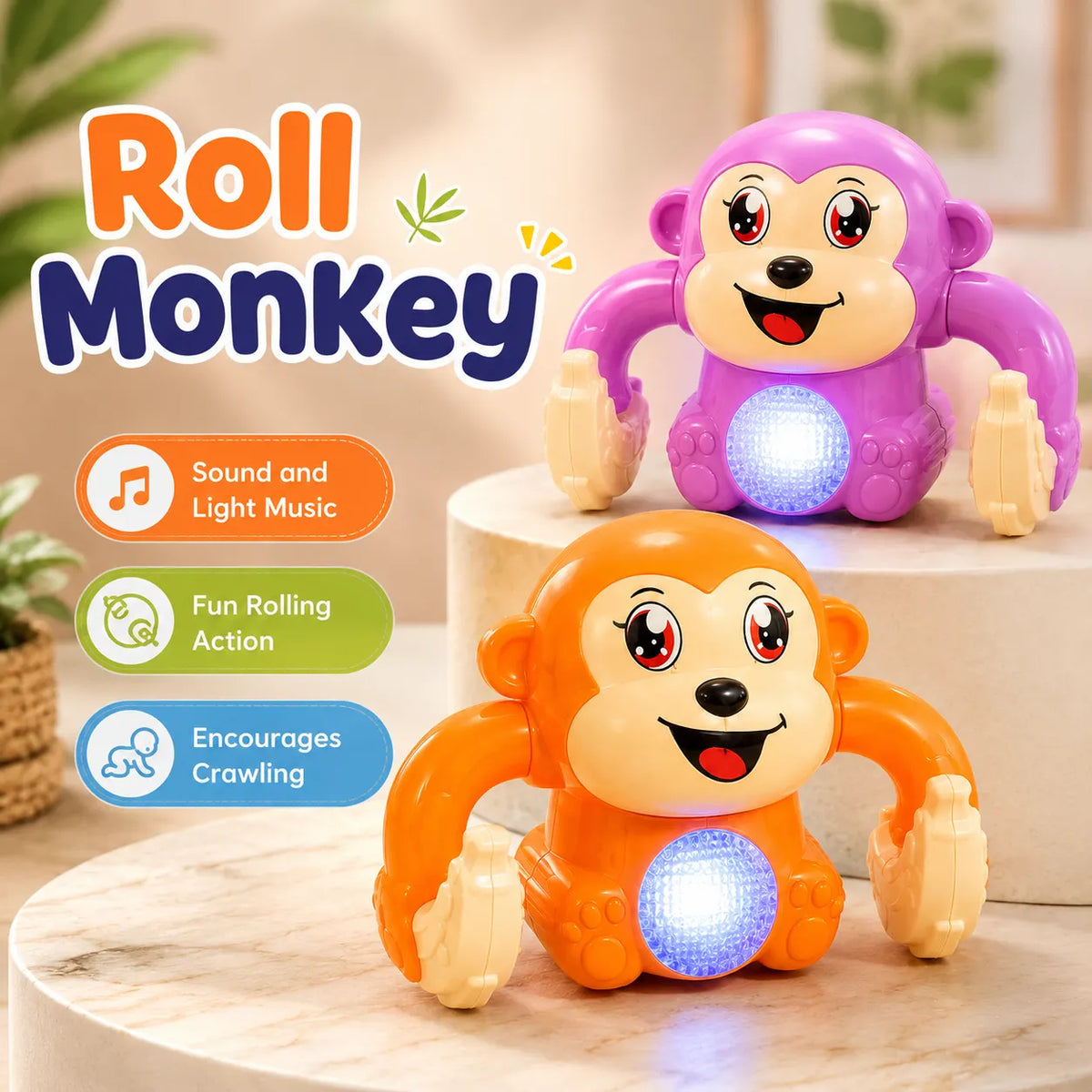 Rolling Banana Monkey Toy with Lights, Music & Touch Sensor