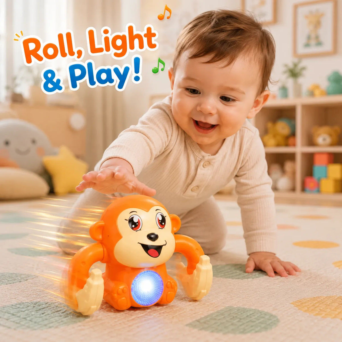 Rolling Banana Monkey Toy with Lights, Music & Touch Sensor