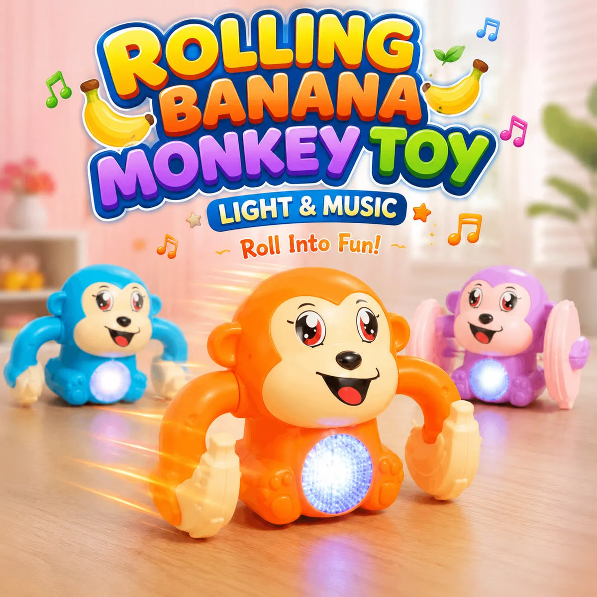 Rolling Banana Monkey Toy with Lights, Music & Touch Sensor