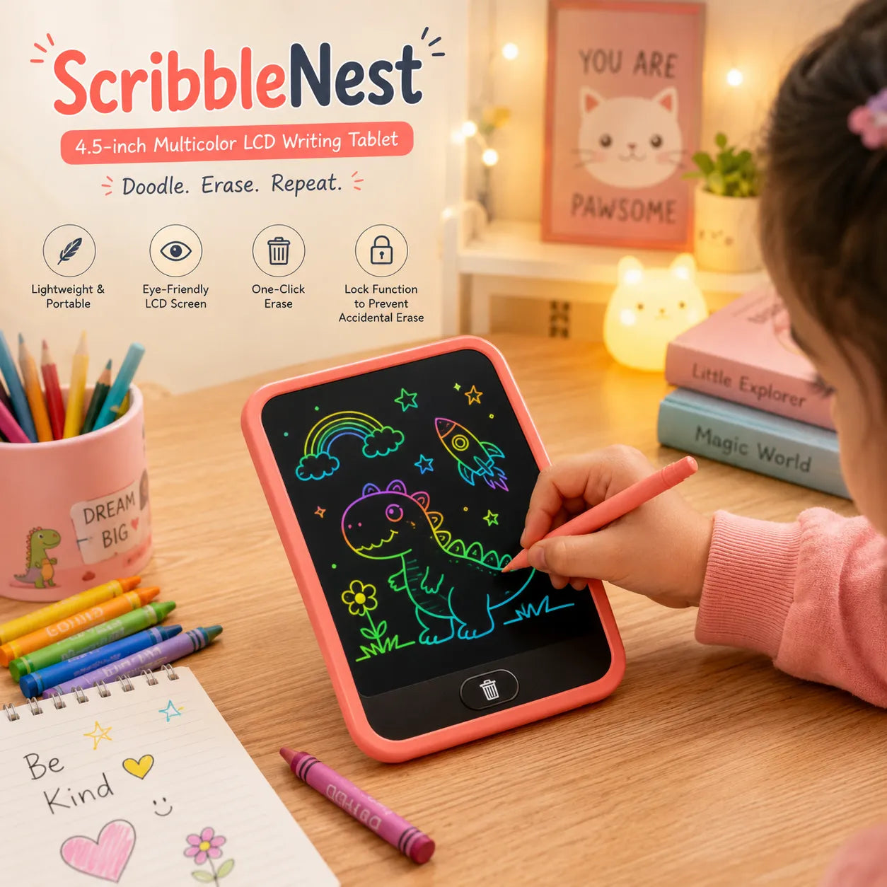 LCD Writing Tablet for Kids – Reusable Color Drawing Board