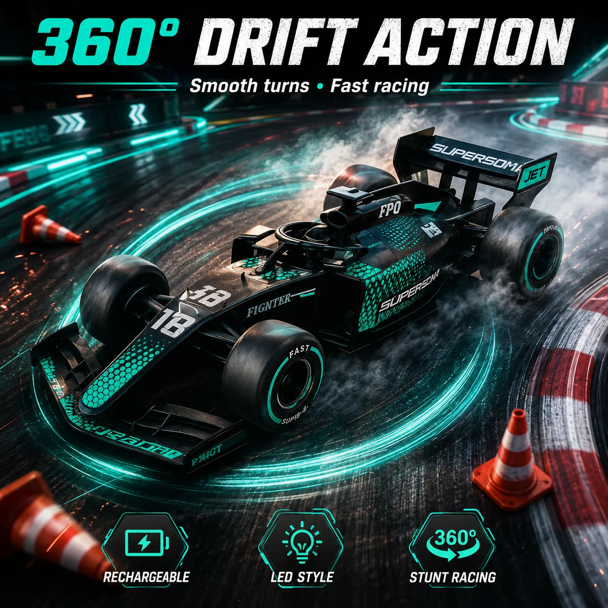 SmokeStorm Formula Drift RC Car – Rechargeable RC Stunt Car for Kids
