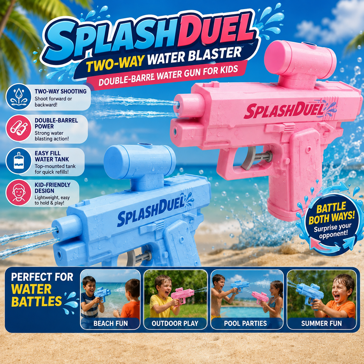 SplashDuel Two-Way Water Blaster – Double-Barrel Water Gun for Kids