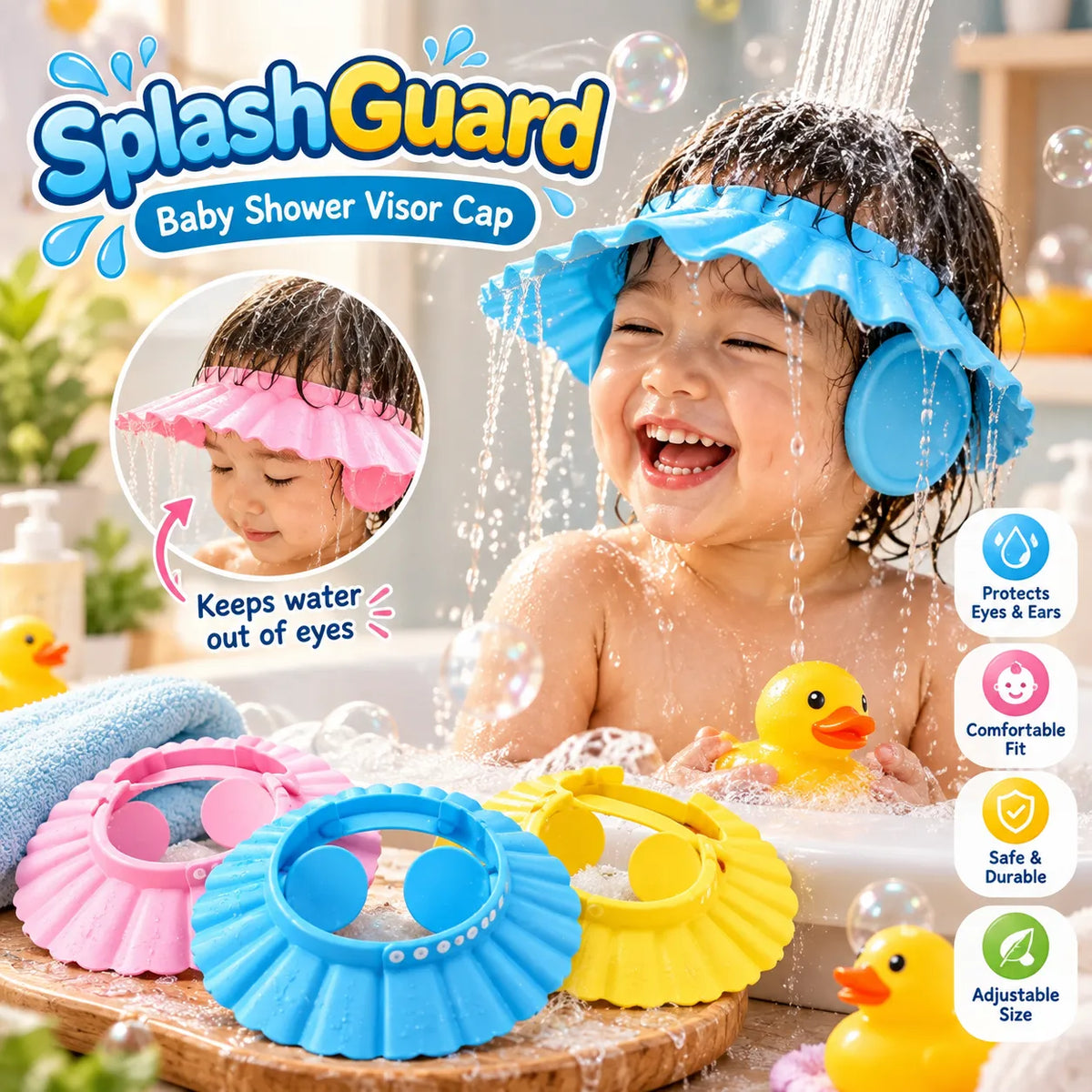 SplashGuard Baby Shower Visor Cap – Adjustable Baby Shampoo Bath Cap | Toynic Kids Zone