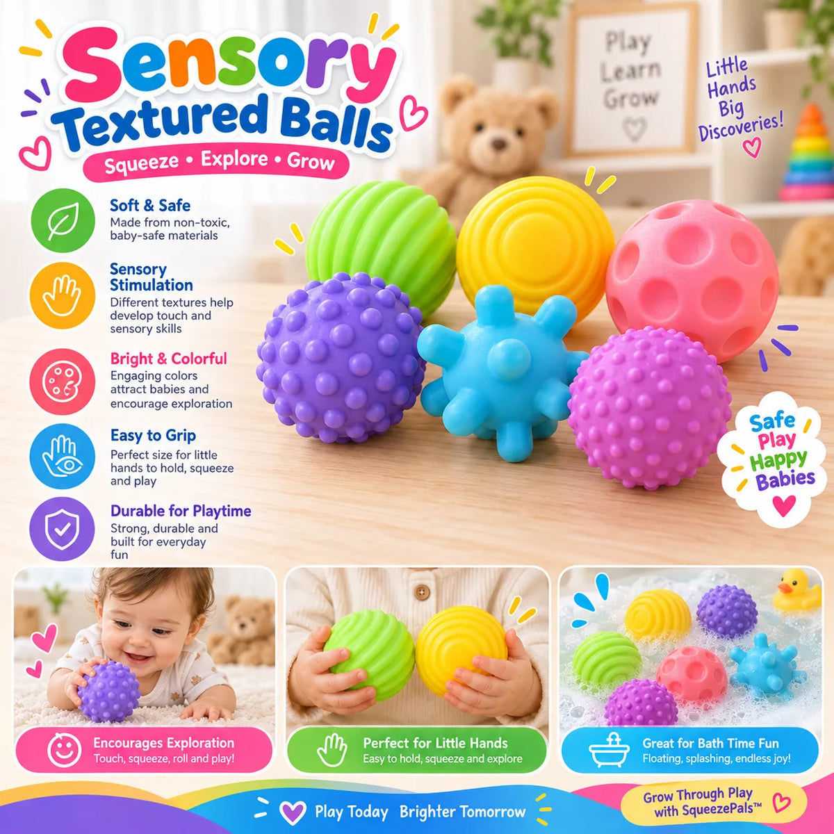 SqueezePals Sensory Soft Ball Set – Textured Teething Ball Set