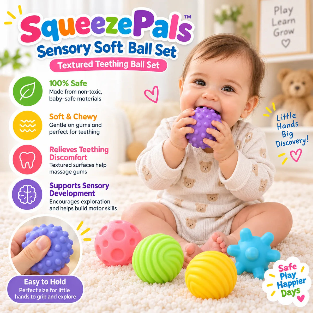 SqueezePals Sensory Soft Ball Set – Textured Teething Ball Set