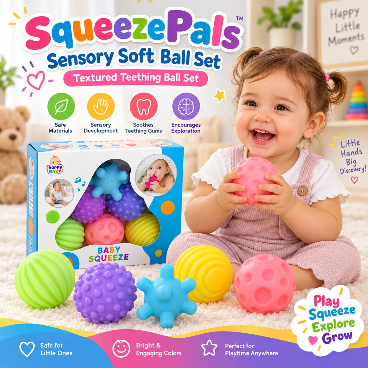 SqueezePals Sensory Soft Ball Set – Textured Teething Ball Set