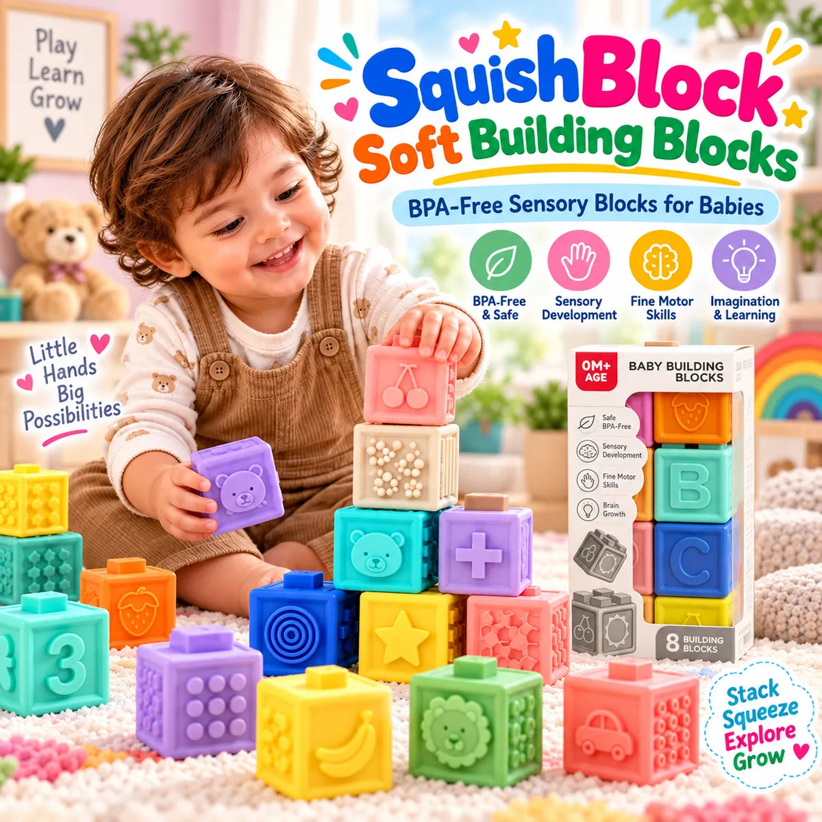 SquishBlock Soft Building Blocks Set – BPA-Free Sensory Blocks for Babies