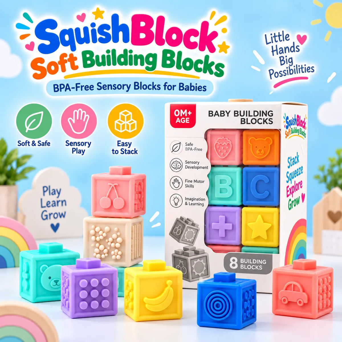 SquishBlock Soft Building Blocks Set – BPA-Free Sensory Blocks for Babies