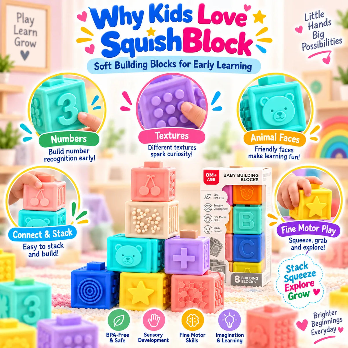 SquishBlock Soft Building Blocks Set – BPA-Free Sensory Blocks for Babies