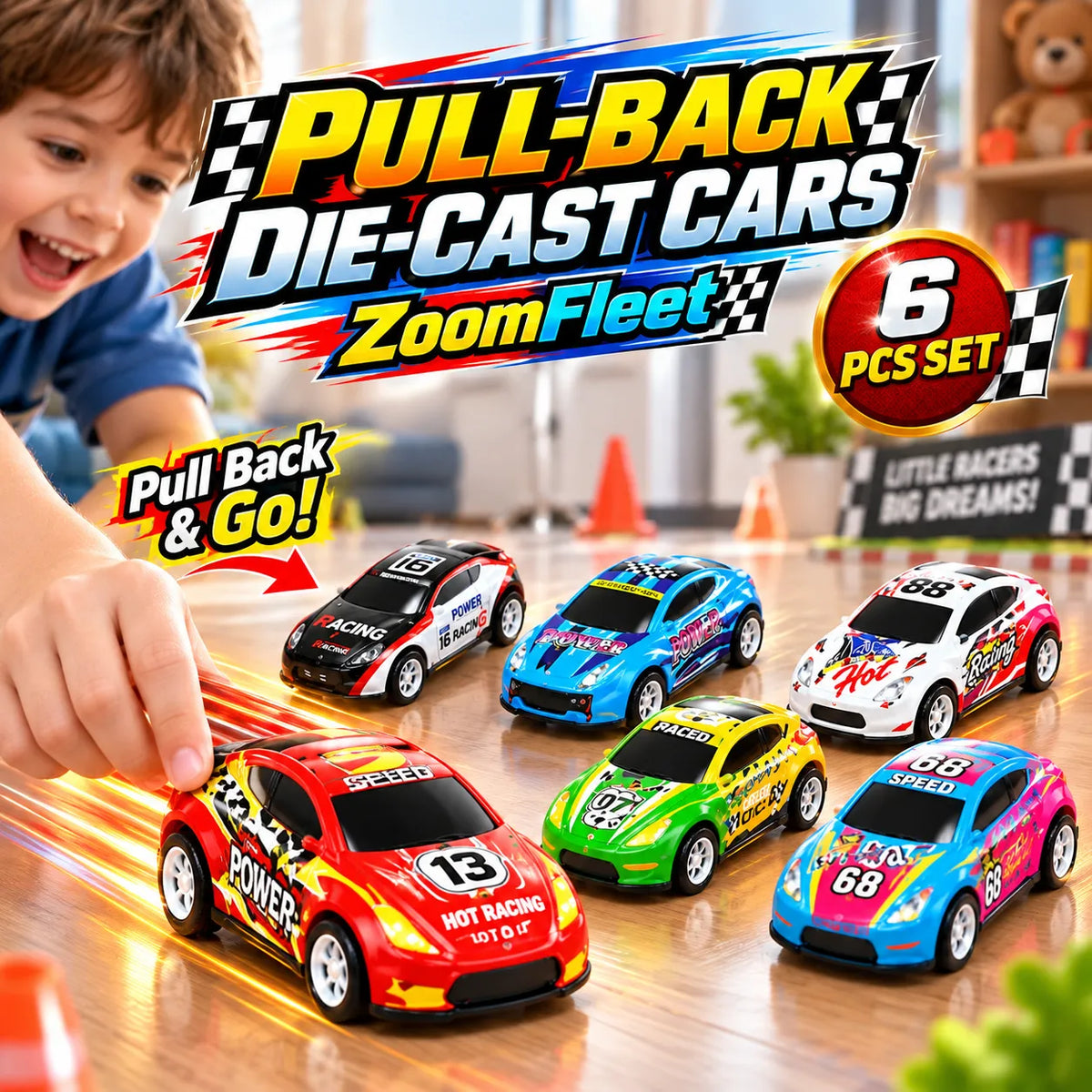 ZoomFleet Die-Cast Cars 6-Pack – Pull-Back Toy Cars for Kids