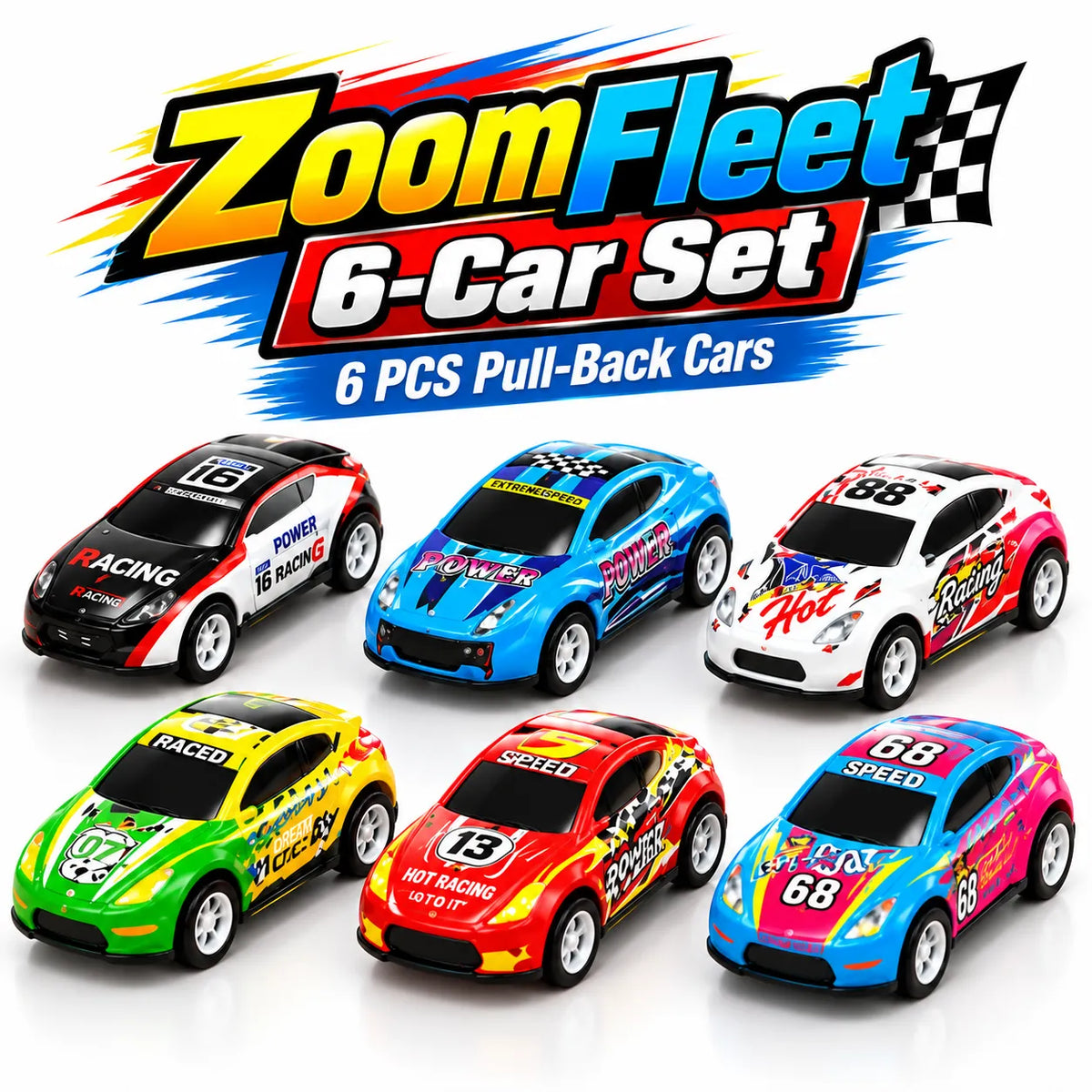 ZoomFleet Die-Cast Cars 6-Pack – Pull-Back Toy Cars for Kids