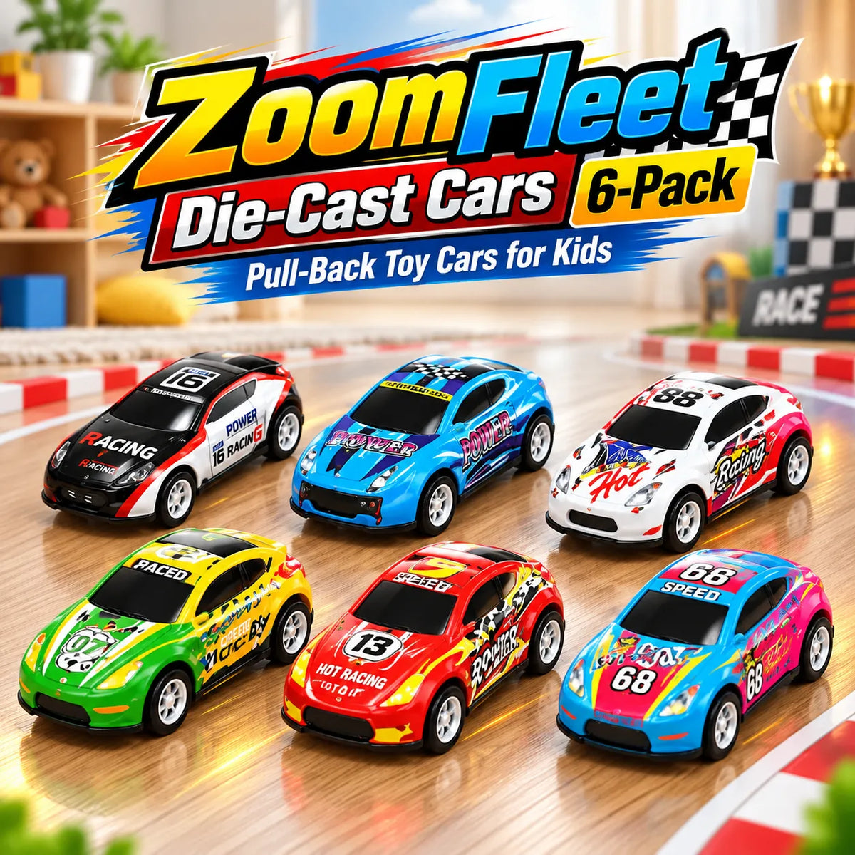 ZoomFleet Die-Cast Cars 6-Pack – Pull-Back Toy Cars for Kids