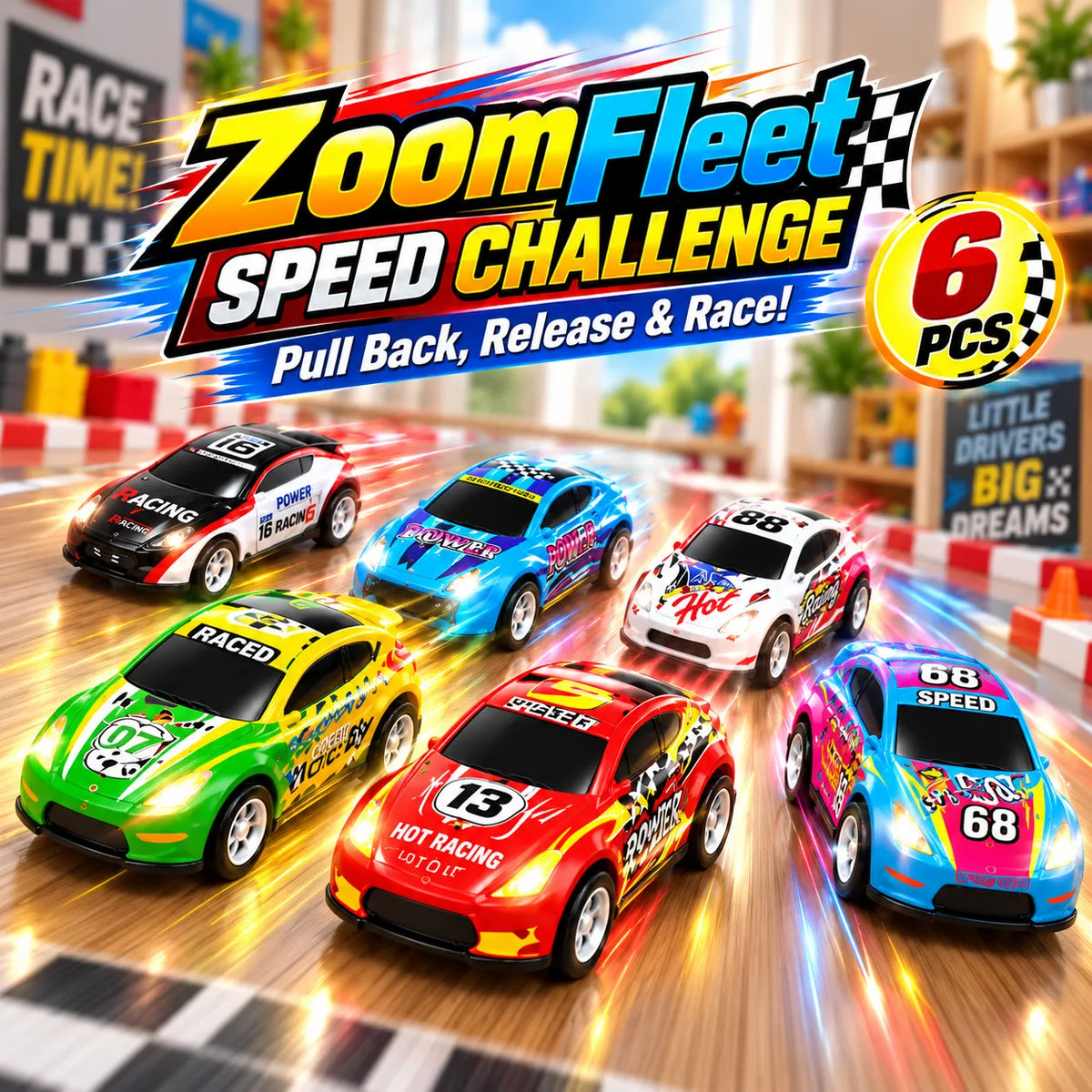 ZoomFleet Die-Cast Cars 6-Pack – Pull-Back Toy Cars for Kids