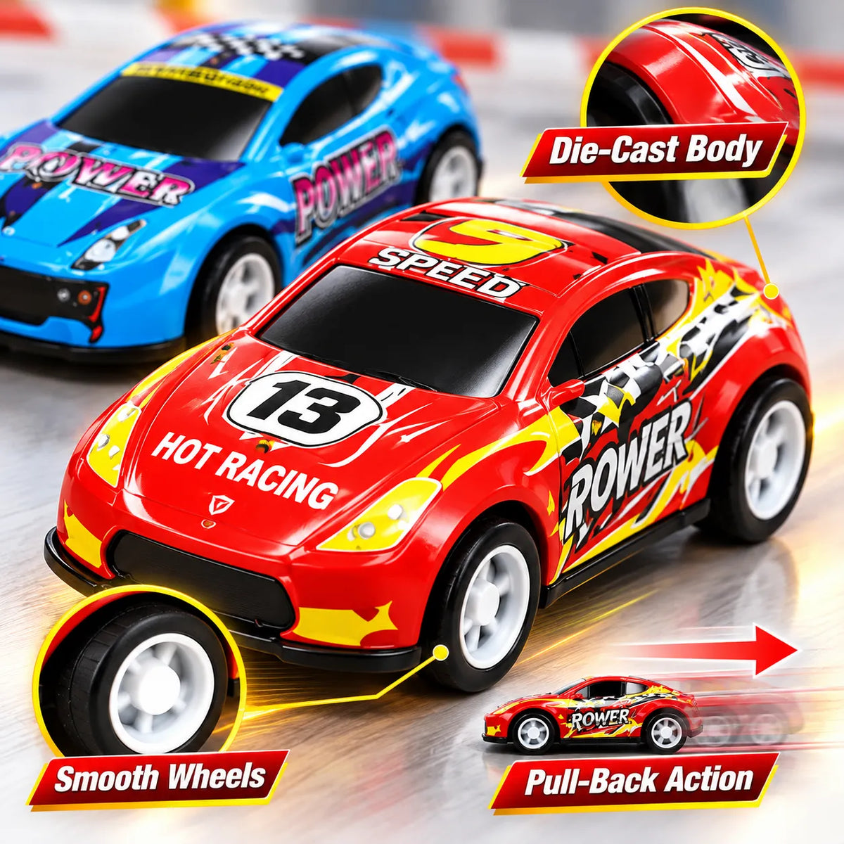ZoomFleet Die-Cast Cars 6-Pack – Pull-Back Toy Cars for Kids