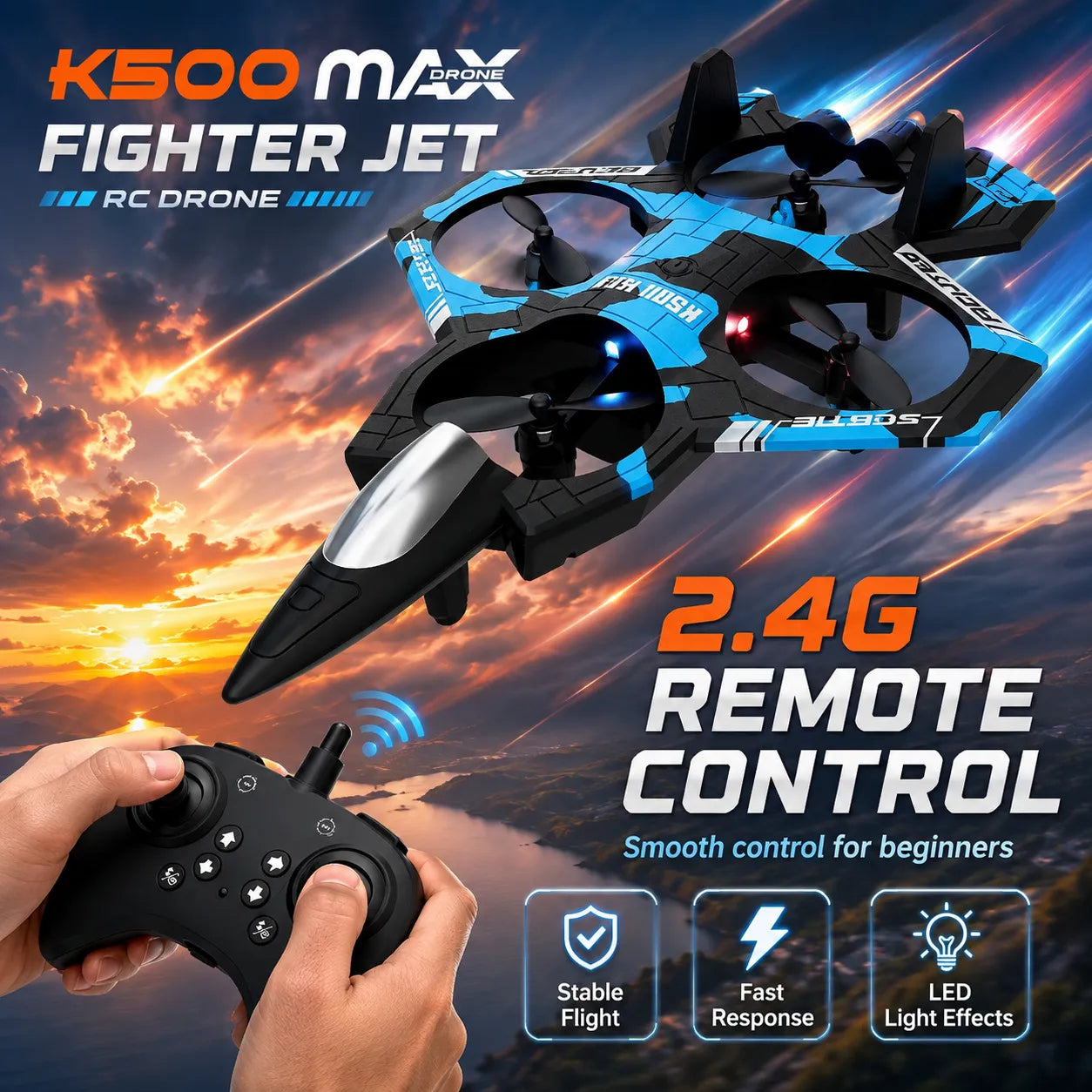 Jet Strike Light-Up RC Fighter K500 – Rechargeable Remote Control Toy