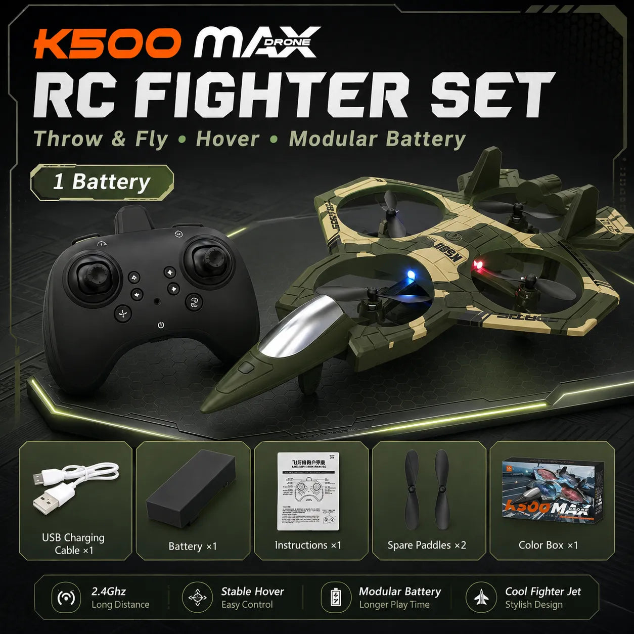 Jet Strike Light-Up RC Fighter K500 – Rechargeable Remote Control Toy